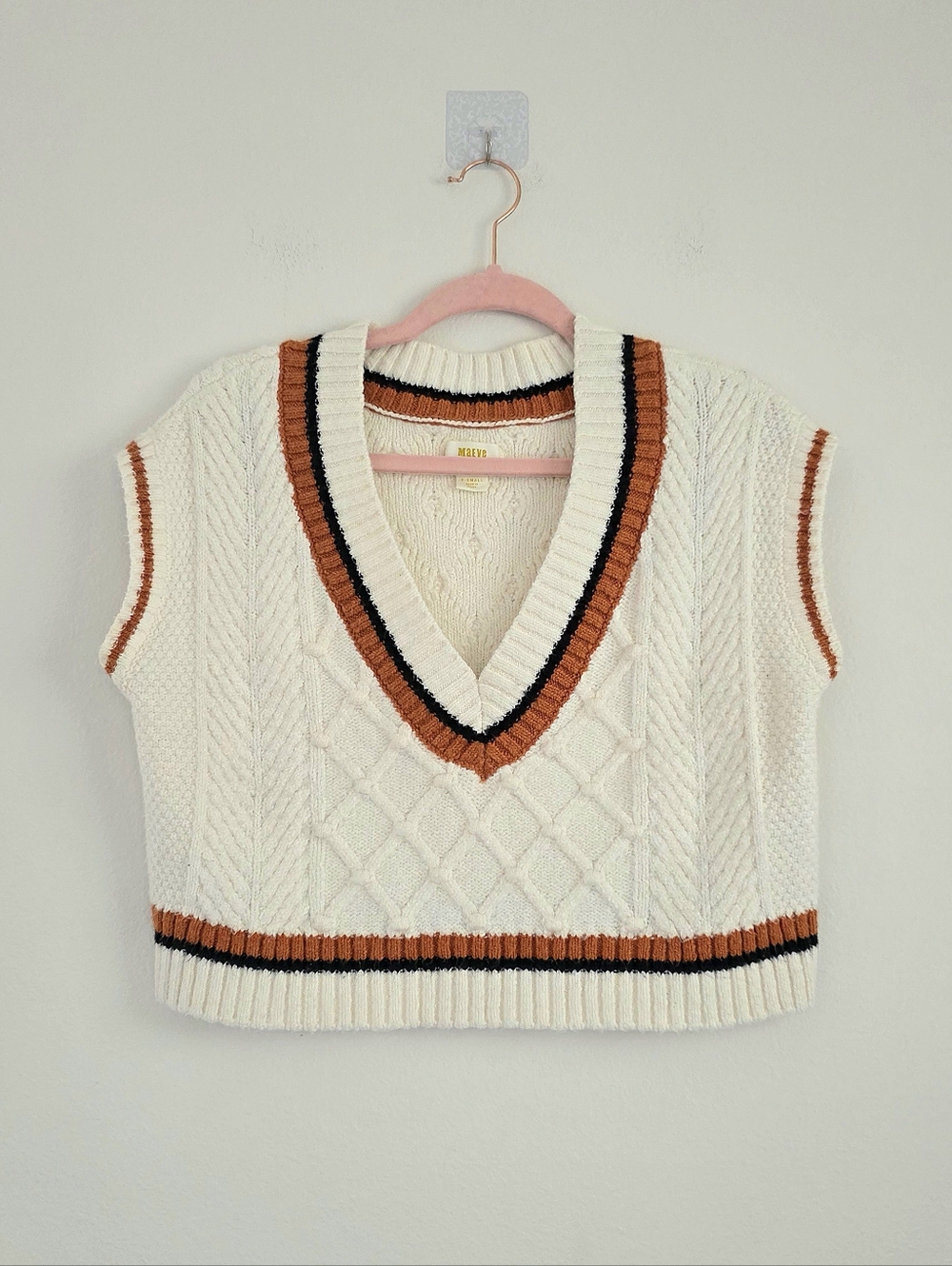 Maeve Cable Knit V-Neck Sweater Vest in Cream with Rust Trim